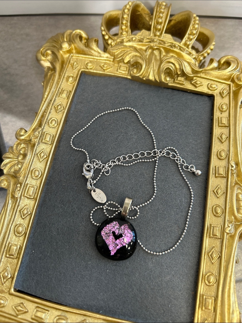 Lia Sophia Black Pendant Necklace with Dichroic Glass Pink Heart